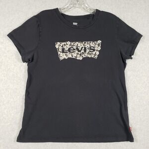 Levi's Womens T-Shirt Medium Gray Charcoal Floral Batwing Logo Graphic Tee M EUC